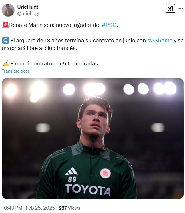 記者：18歲門將馬林今夏自由身離開羅馬，將和巴黎簽約5年合同