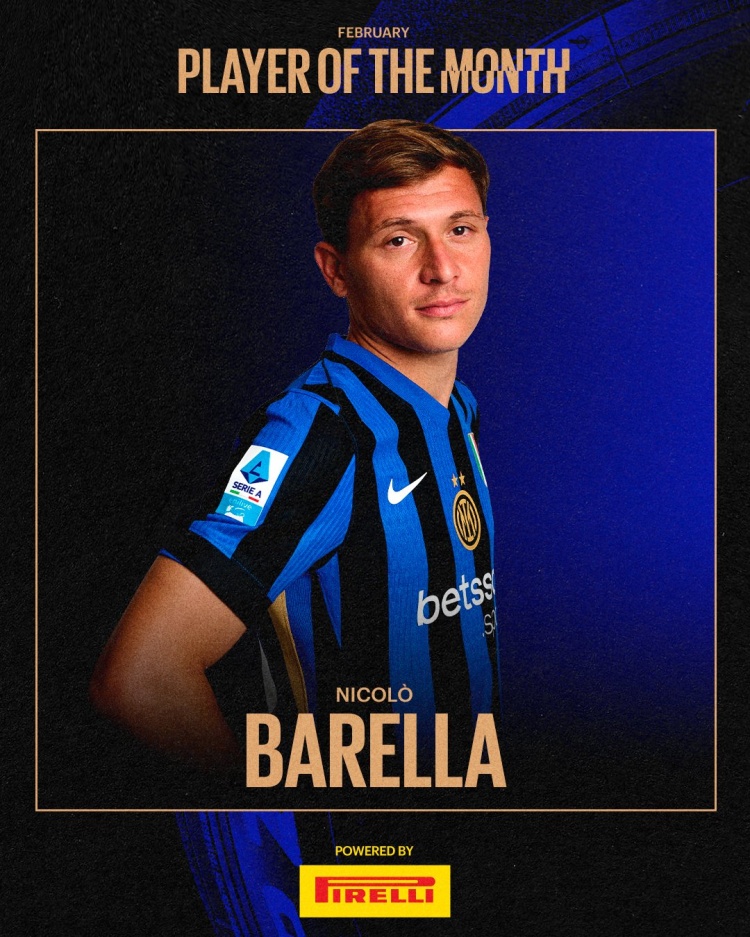 國米官方：巴雷拉當(dāng)選2月隊(duì)內(nèi)最佳，擊敗勞塔羅、鄧弗里斯等人