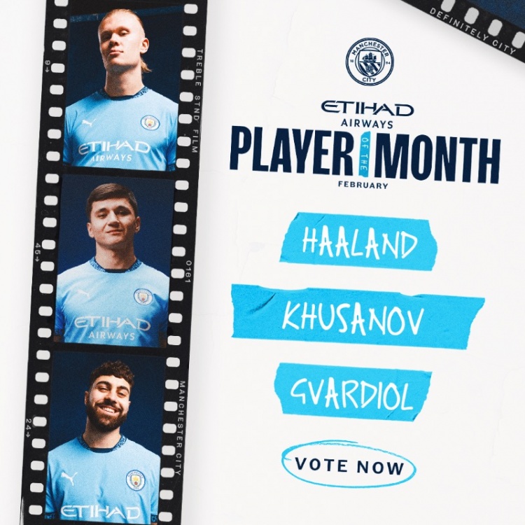 曼城2月隊內(nèi)最佳球員候選：哈蘭德、胡桑諾夫、格瓦迪奧爾