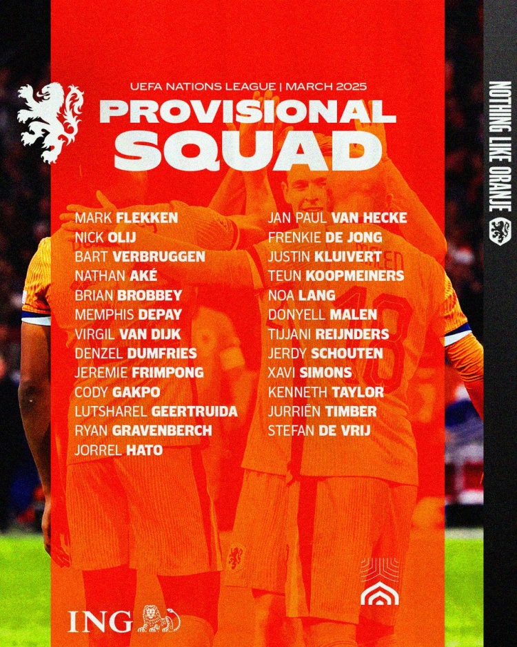 荷蘭歐國(guó)聯(lián)名單：范迪克、德容在列，德里赫特、齊爾克澤落選