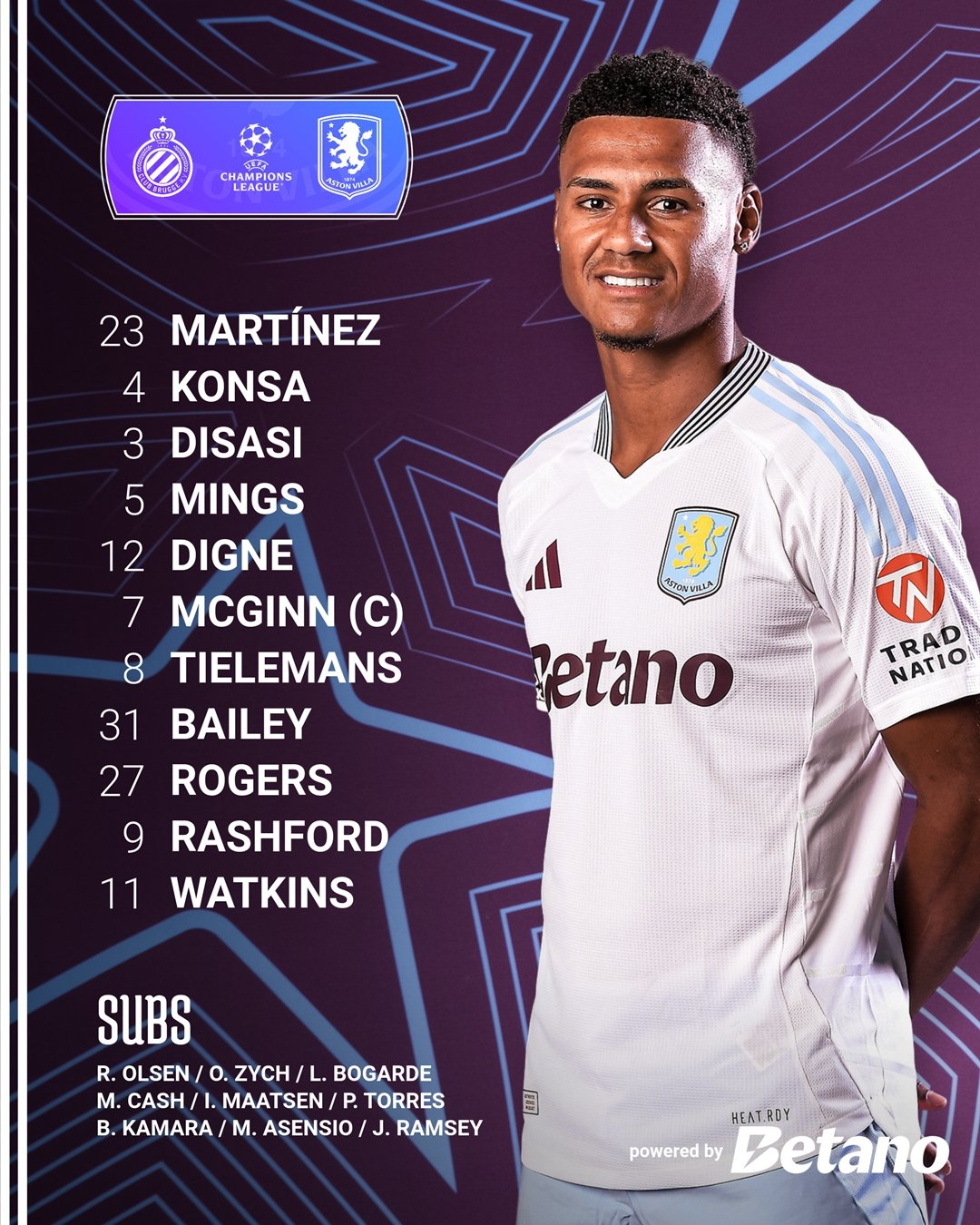 拉師傅出戰(zhàn)歐冠淘汰賽！維拉vs布魯日：拉什福德、沃特金斯先發(fā)