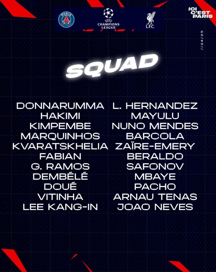 巴黎對陣利物浦大名單：登貝萊領銜鋒線，馬爾基尼奧斯坐鎮(zhèn)后防