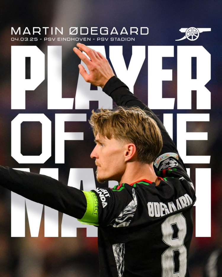 2射1傳！阿森納官方：厄德高當選7-1埃因霍溫隊內(nèi)最佳球員