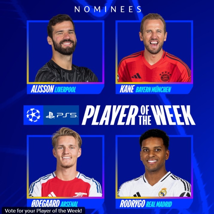 歐冠官方本輪最佳球員候選：阿利森、凱恩、羅德里戈、厄德高