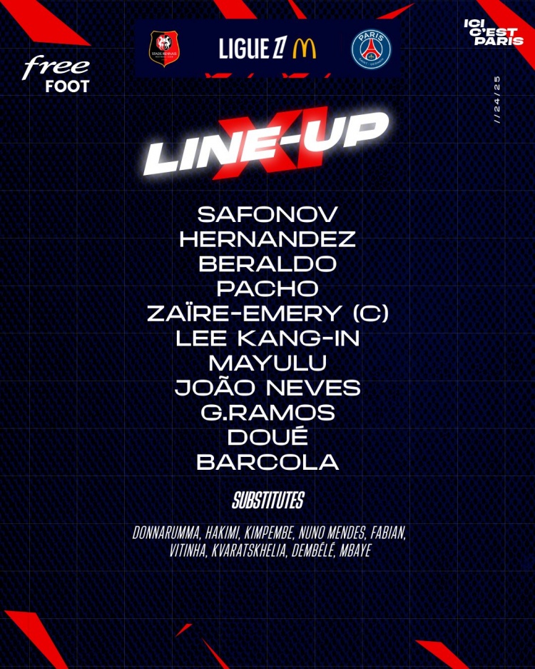 8人大輪換！巴黎vs雷恩首發(fā)：小埃梅里、李剛?cè)食鰬?zhàn)，登貝萊替補(bǔ)
