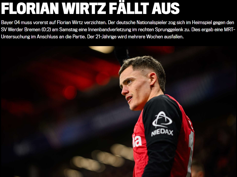 無(wú)緣次回合戰(zhàn)拜仁！官方：維爾茨右腳踝內(nèi)側(cè)韌帶受傷，將缺陣數(shù)周
