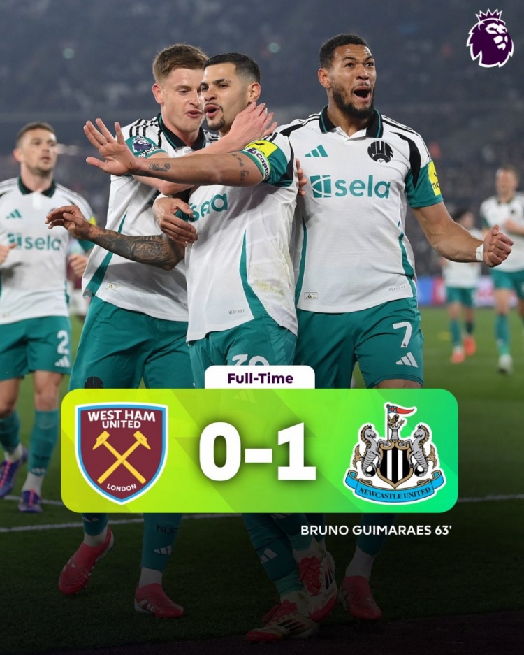 吉馬良斯制勝勝紐卡客場(chǎng)1-0擊敗西漢姆聯(lián)，喜鵲積分已追平曼城