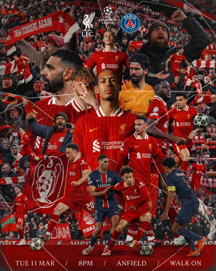 利物浦曬主場(chǎng)對(duì)陣巴黎海報(bào)，范迪克C位&兩隊(duì)多名球員出鏡