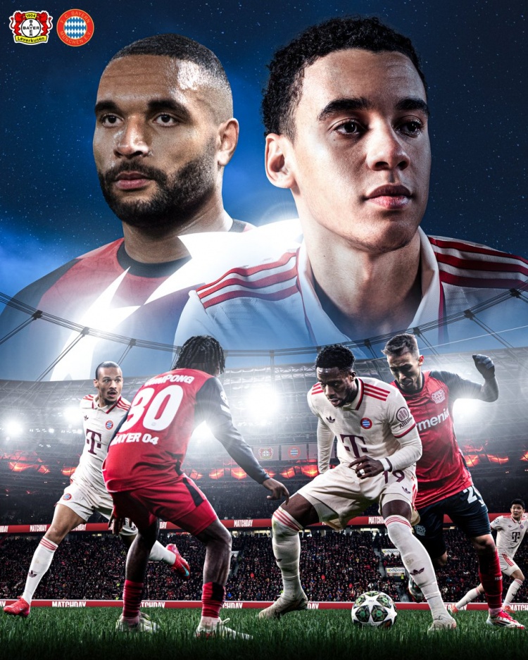 首回合3-0取勝！拜仁發(fā)布戰(zhàn)勒沃庫森海報(bào)：穆西亞拉對決若納坦-塔