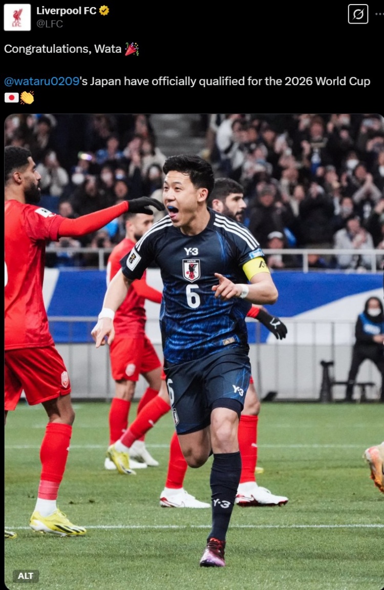 利物浦官推曬遠藤航照片，祝賀其隨日本隊提前晉級世界杯