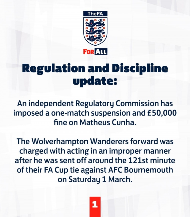 英足總官方：庫尼亞被罰下時行為不當(dāng)，被追加禁賽一場+罰款5萬鎊